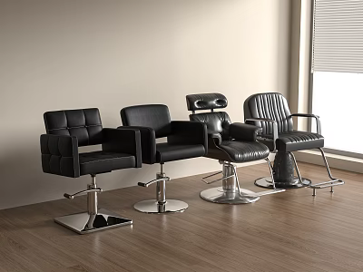 Set of Modern Black Barber Shop Chairs With Chrome Base And Leather Upholstery 3d model