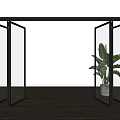 Black Open Folding Doors in Modern Room With Green Plant Wooden Floor And White Walls