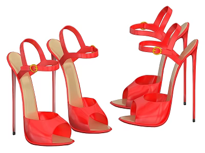 Stylish Red Open Toe High Heels with Buckle Straps and Stiletto Heel Design 3d model
