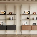 Modern Bookshelf With Metal Frame Glass Shelves Drawers And Decorative Artworks