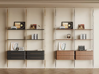 Modern Bookshelf With Metal Frame Glass Shelves Drawers And Decorative Artworks 3d model