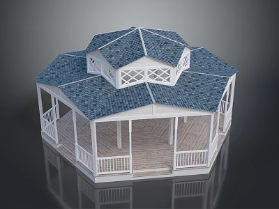 Octagonal Gazebo Featuring Blue Tiled Roof White Columns Wooden Floor And Lattice Upper Level 3d model