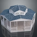 Octagonal Gazebo Featuring Blue Tiled Roof White Columns Wooden Floor And Lattice Upper Level