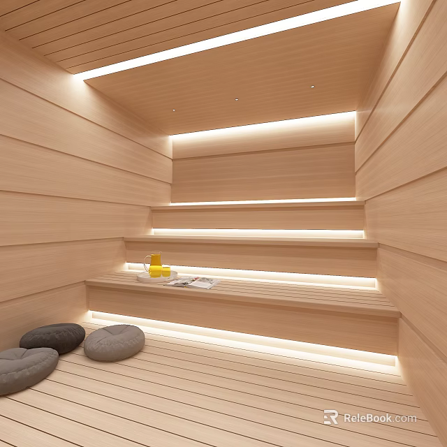 Wooden SPA Sauna Room With Stepped Seating And Warm Lighting 3d model 