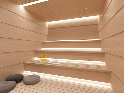Wooden SPA Sauna Room With Stepped Seating And Warm Lighting 3d model