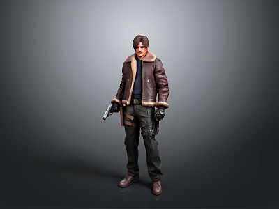 Male Character Outfit With Brown Leather Jacket Gun Black Pants Gloves And Boots 3d model
