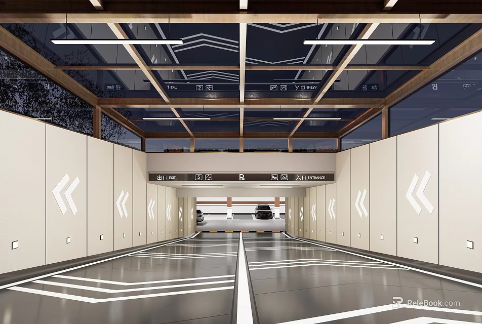 Modern Parking Garage Interior With White Walls Arrow Signs Floor Lines And Ceiling Lights 3d model 