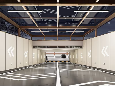 Modern Parking Garage Interior With White Walls Arrow Signs Floor Lines And Ceiling Lights 3d model