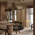 Modern Warm Wood Toned Living And Dining Room With Cozy Furnishings And Soft Ambient Lighting
