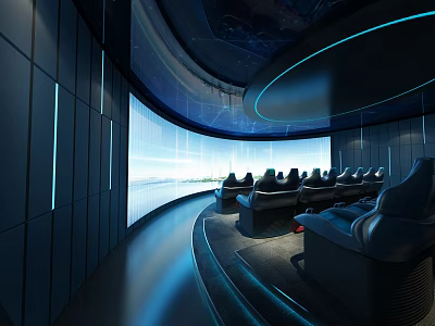 Luxury Modern Cinema Interior With Curved Large Screen Blue Lighting And Comfortable Black Seats 3d model