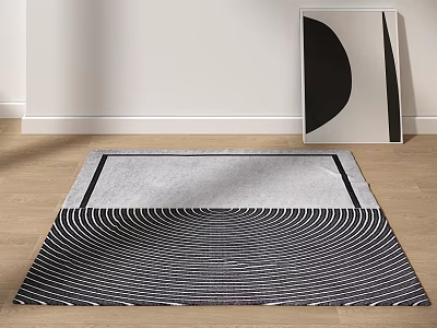 Modern Square Area Rug With Black White Geometric Striped Pattern On Wooden Floor 3d model