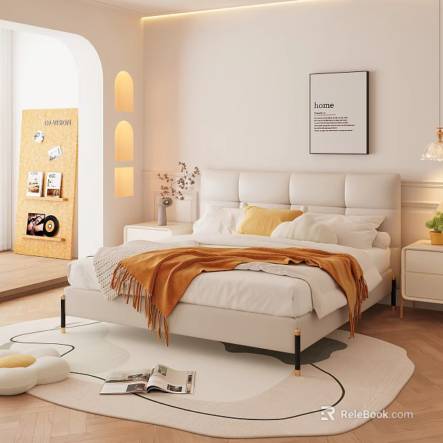 Modern Double Bed with White Headboard Orange Blanket and Bedside Table in Stylish Bedroom with Wooden Floor 3d model 