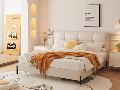 Modern Double Bed with White Headboard Orange Blanket and Bedside Table in Stylish Bedroom with Wooden Floor 3d model