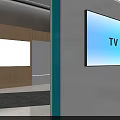 Modern Hall Interior With Gray Carpet White And Wooden Walls Blue Equipment And Screens