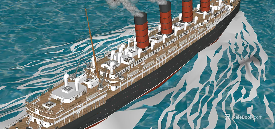 Four Funnel Titanic Style Ship Sailing In Icy Ocean Waters 3d model 
