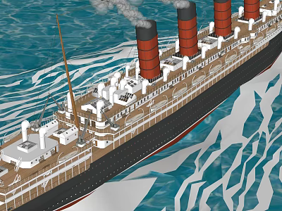 Four Funnel Titanic Style Ship Sailing In Icy Ocean Waters 3d model