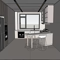 Modern Kitchen With Light Gray Cabinets Large Window City View White Dining Table And Chairs