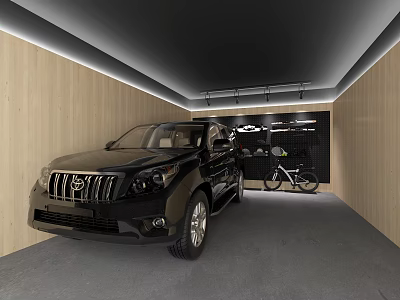 Modern Garage Interior With Black SUV Wooden Walls Ceiling Lighting And Bicycle 3d model
