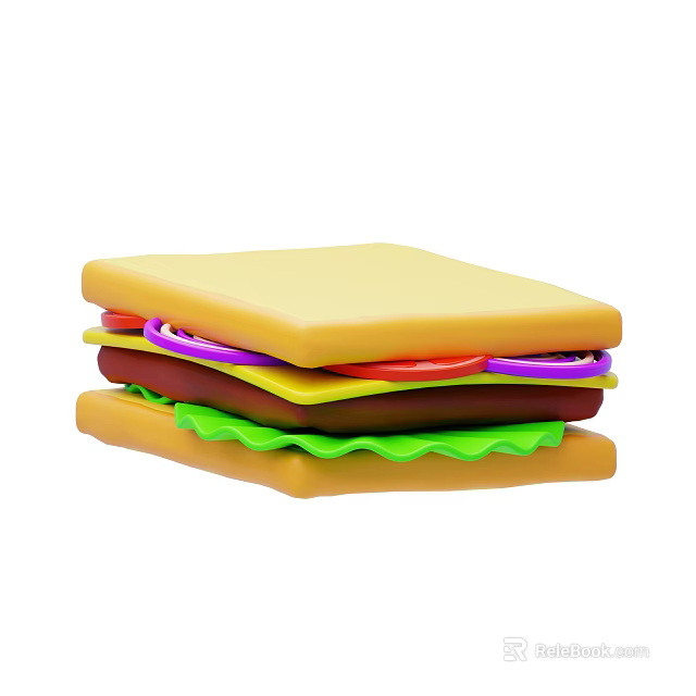 Colorful Layered Sandwich With Yellow Bread Red Tomato Slices Purple Onions And Green Lettuce 3d model 