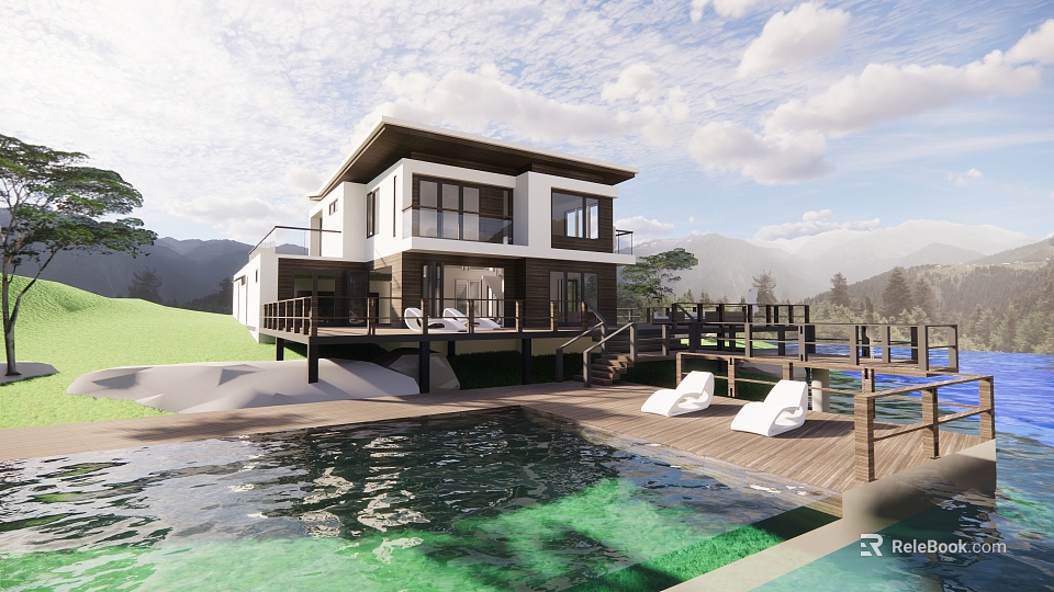 Modern Detached Villa with Mountain View Swimming Pool Wooden Deck and Lounge Chairs 3d model 