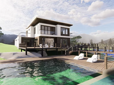 Modern Detached Villa with Mountain View Swimming Pool Wooden Deck and Lounge Chairs 3d model