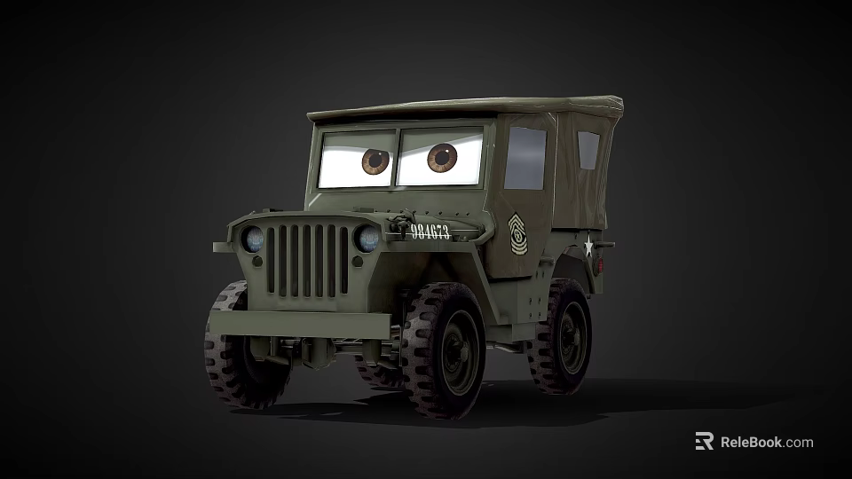 Animated Green Military Jeep Character With Big Eyes And US Army Markings 3d model 