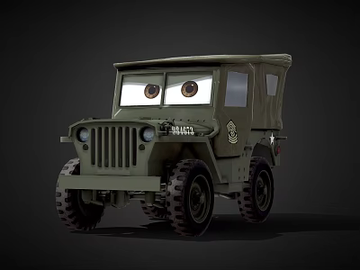 Animated Green Military Jeep Character With Big Eyes And US Army Markings 3d model