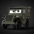 Animated Green Military Jeep Character With Big Eyes And US Army Markings