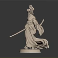 Carved Female Warrior Sculpture with Flowing Robes Ornate Headdress Sword and Pedestal Base