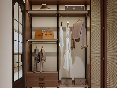 Modern Walk in Closet Interior With Hanging Clothes Handbag Hat And Storage Drawers 3d model