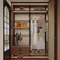 Modern Walk in Closet Interior With Hanging Clothes Handbag Hat And Storage Drawers