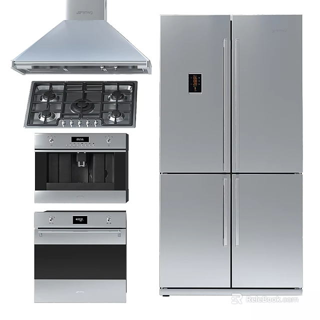 Modern Stainless Steel Kitchen Appliances With Gas Stove Range Hood Oven And Refrigerator 3d model 