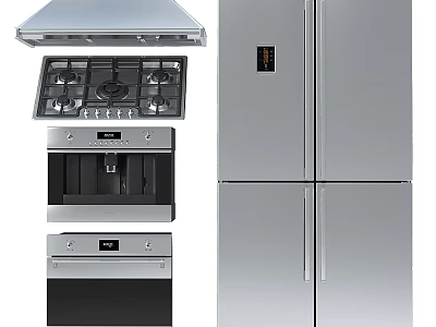 Modern Stainless Steel Kitchen Appliances With Gas Stove Range Hood Oven And Refrigerator 3d model