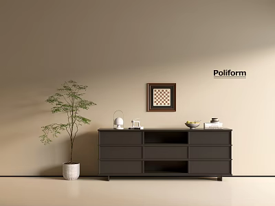 Poliform Dark Gray Entryway Sideboard Cabinet With Drawers Open Compartments Green Plant Framed Painting And Lamp 3d model
