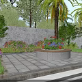 Circular Landscape Seating with Central Flower Bed Surrounded by Palm Trees and Stone Wall