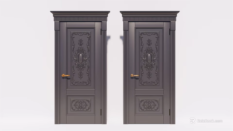 Dark Gray Swing Doors with Ornate Carvings and Gold Door Handles for Classic Home Interior 3d model 