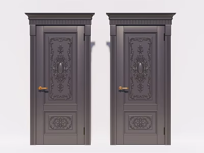 Dark Gray Swing Doors with Ornate Carvings and Gold Door Handles for Classic Home Interior 3d model