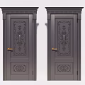 Dark Gray Swing Doors with Ornate Carvings and Gold Door Handles for Classic Home Interior