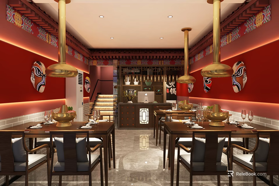 Hot Pot Restaurant Interior With Traditional Chinese Decor Red Walls Pendant Lights And Dining Tables 3d model 