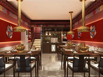 Hot Pot Restaurant Interior With Traditional Chinese Decor Red Walls Pendant Lights And Dining Tables 3d model