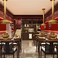 Hot Pot Restaurant Interior With Traditional Chinese Decor Red Walls Pendant Lights And Dining Tables