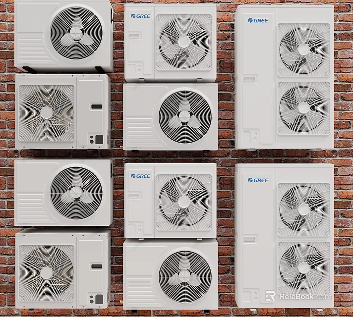 Multiple Types Of Air Conditioner Fans Displayed On Brick Wall 3d model 