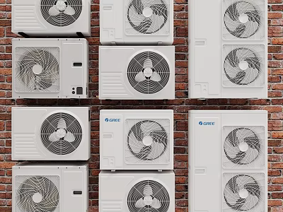Multiple Types Of Air Conditioner Fans Displayed On Brick Wall 3d model