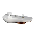 Modern Reception Desk Design With White Countertop Wooden Shelf Base Decorative Vase And Computer Monitor