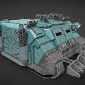Teal Military Tank Model With Top Mounted Guns Front Plow Side Canisters Armor And Emblem