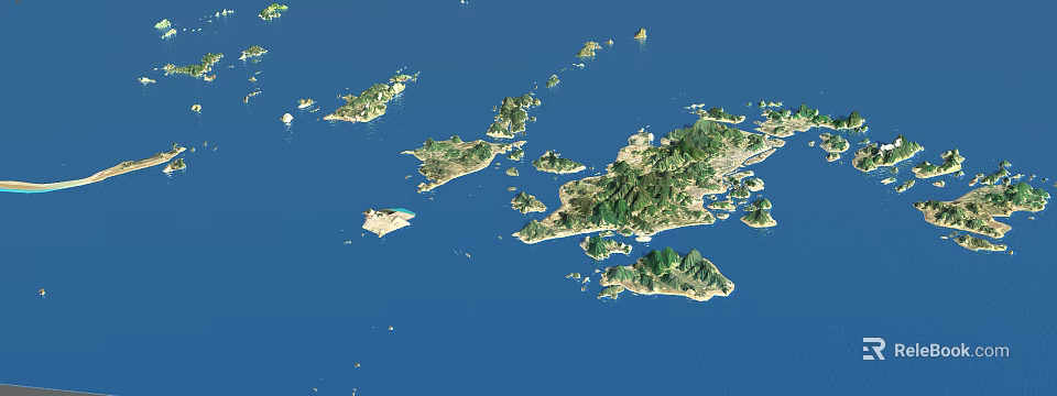 Tropical Garden Landscape On Islands With Blue Ocean Green Vegetation And Buildings 3d model 