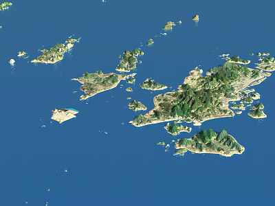 Tropical Garden Landscape On Islands With Blue Ocean Green Vegetation And Buildings 3d model