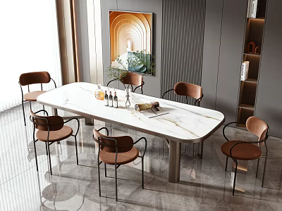 Elegant Oval Dining Table With Marble Top And Six Brown Chairs Wall Art Cabinet 3d model