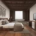 Hotel Room Interior With Wooden Ceiling Bedside Lamps And Macramé Wall Hanging