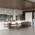 Modern Restaurant Kitchen With White Cabinets Green Marble Backsplash Central Island And Silver Chairs